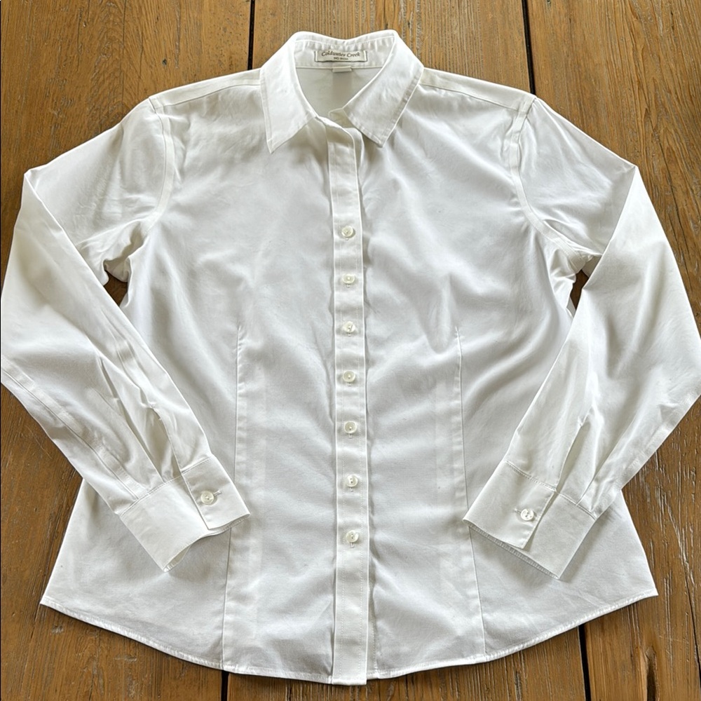 Cold water Creek White Button-Up Blouse, Size Petite Small (6-8)